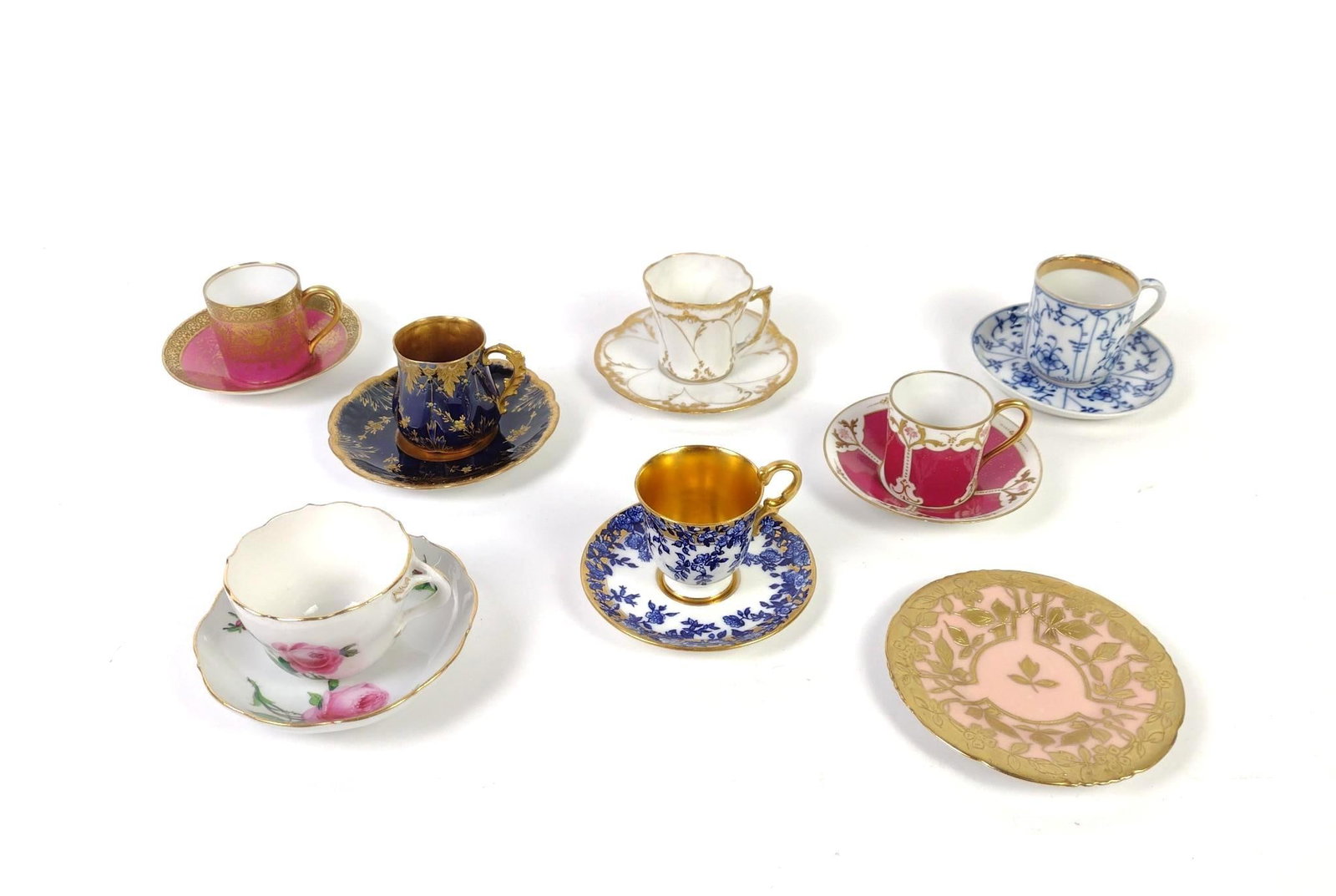 15 Pcs Demitasse Cups and Saucers incl Coalport: Also includes Limoges. Cups: 2" to 2-1/4" high. Pink and gold saucer with no cup signed Fl / S London.