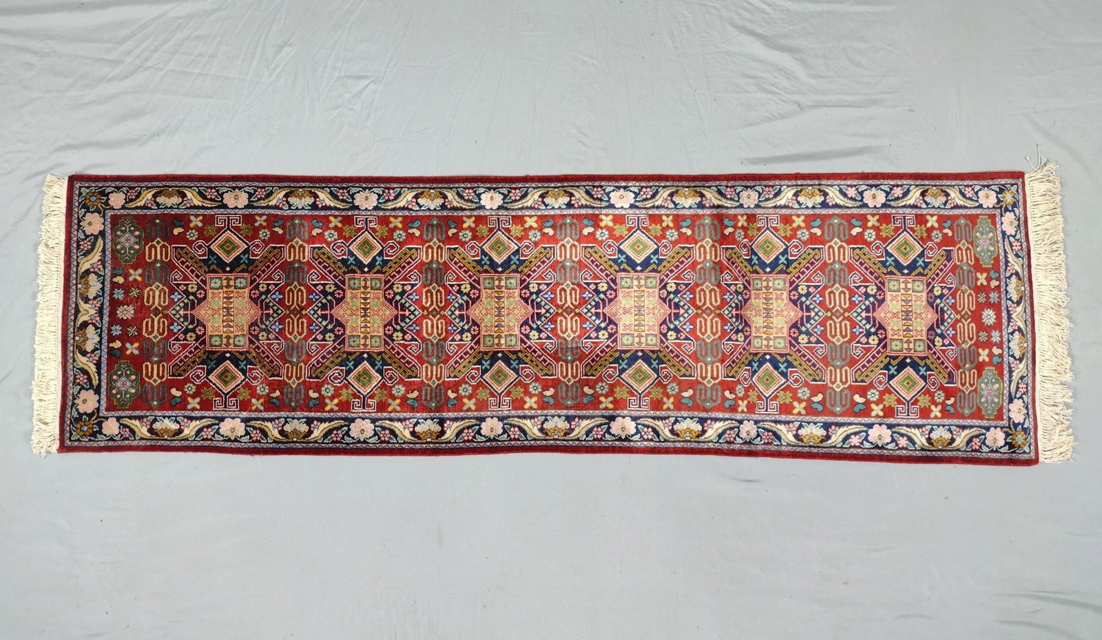 Silk Vibrant Runner: 1'7" wide x 5'2-1/2" long. No markings.