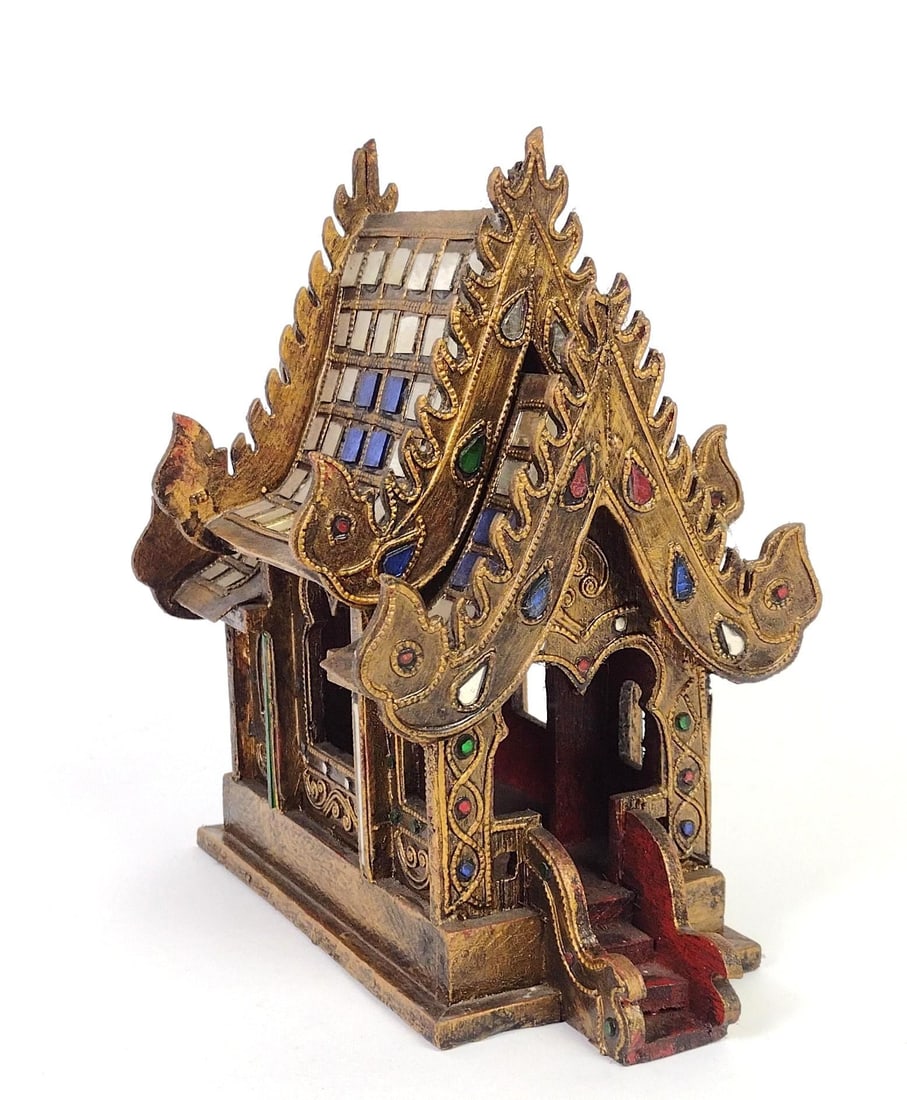 Thai Spirit House: Wood and mirrored glass tiles. 6" wide x 9" deep x 9-1/2" high.