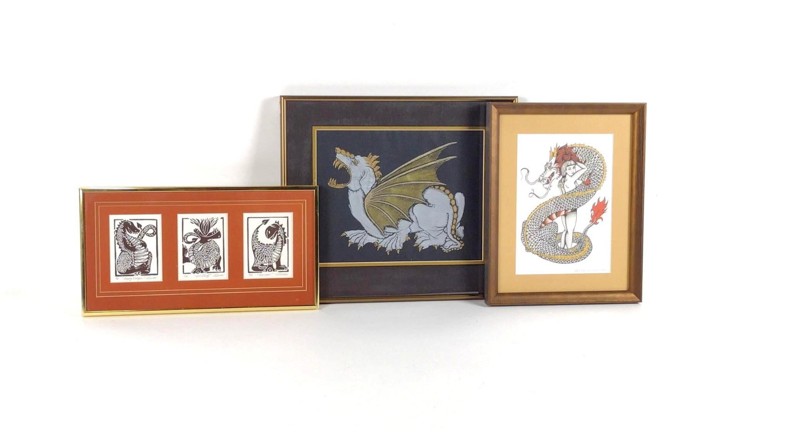 3 Dragon Prints incl Bob Shiner Artist Proof: Overall with frames 8-1/4" to 14-1/2" high x 11" to 15-1/4" wide.