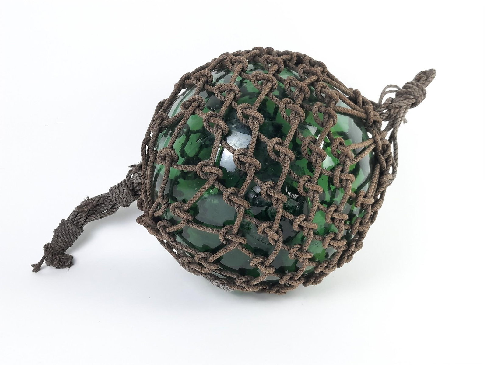 Antique Glass and Rope Buoy: 12" diameter x 26" long. LR