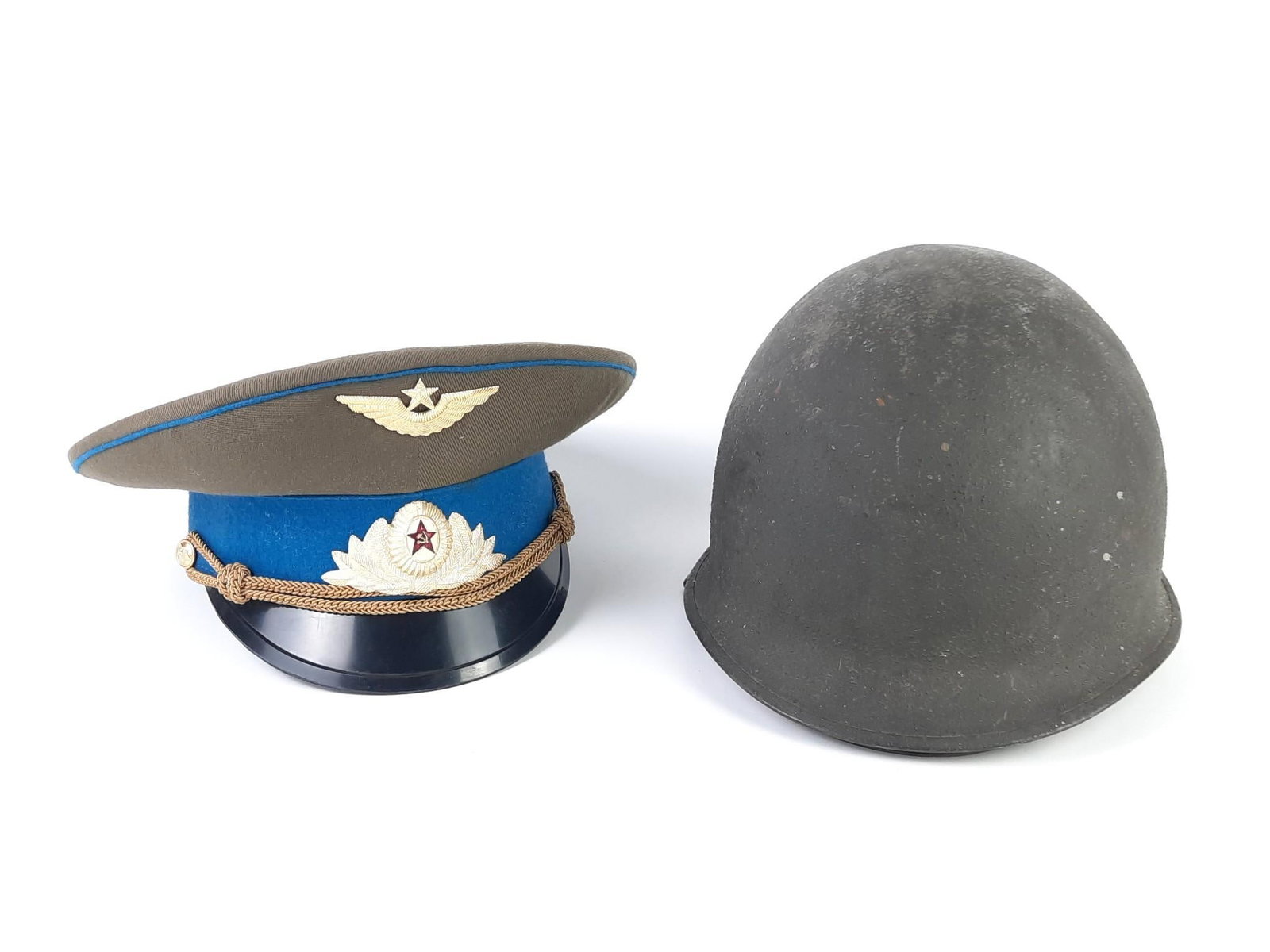 Military Helmet with Liner and Dress Hat: Dress hat: Interior marked OK60-1 MNHCK 57. Interior: 7" wide x 7-1/2" deep. Helmet and line both unmarked. Liner interior: 8-1/4" wide x 8-1/2" deep.