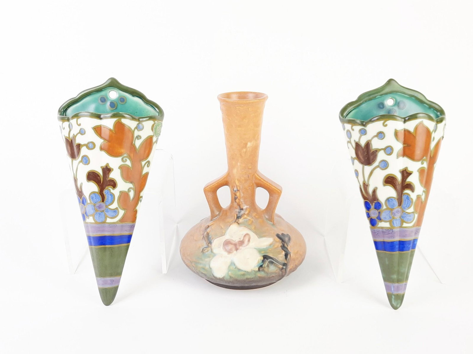 Pr Camelia Royal Holland and Roseville Magnolia Vase: 4" to 5-1/2" wide x 7-1/2" to 81/2" high. LR