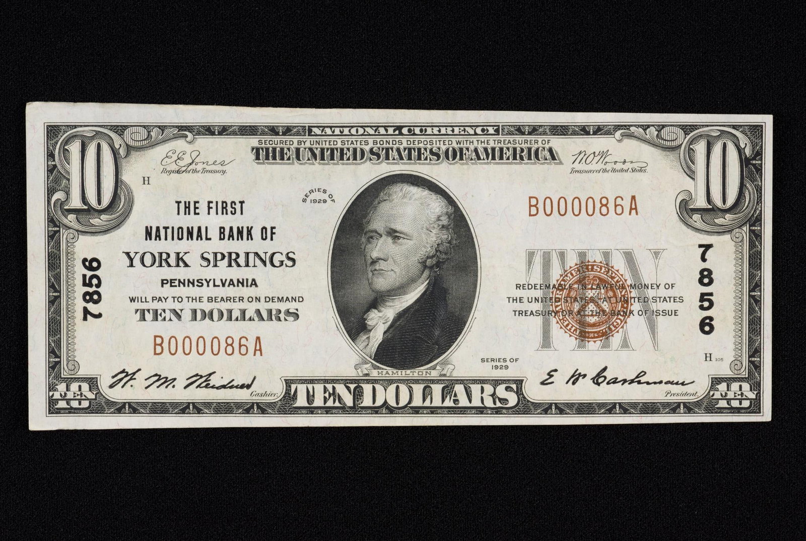 1929 York Springs, Pennsylvania $10 National Currency: $10 national currency note from the First National Bank of York Springs, Pennsylvania. VG. AJ.