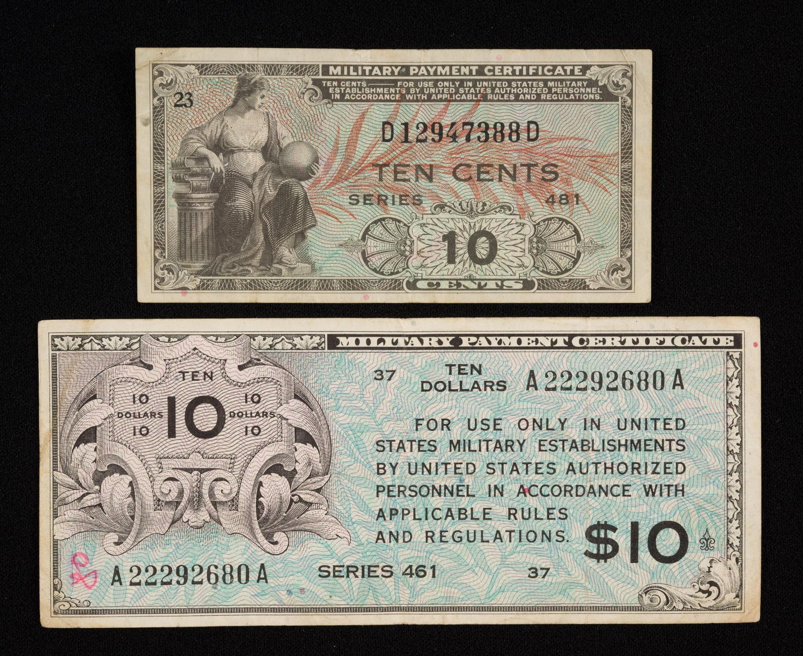 2 Military Payment Certificates - Series 461 & 481 (1 of 2)