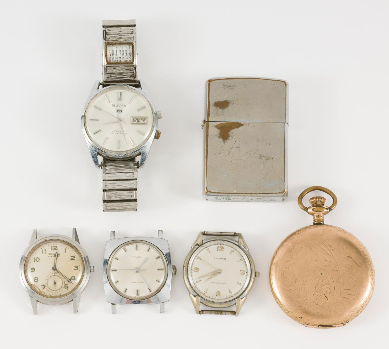 5 Watches & Lighter Incl. Elgin Pocket Watch (1 of 13)