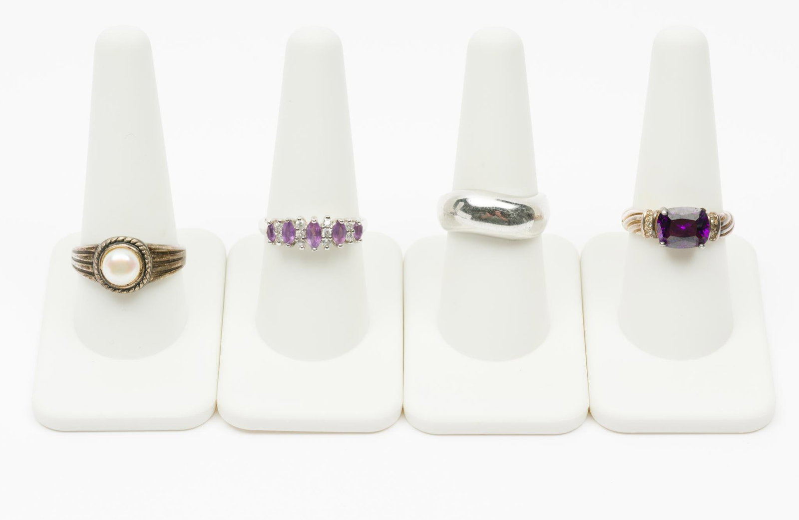 4 Sterling Fashion Rings: Sizes 8 to 10. 1/4" to 3/8" wide. AJ.