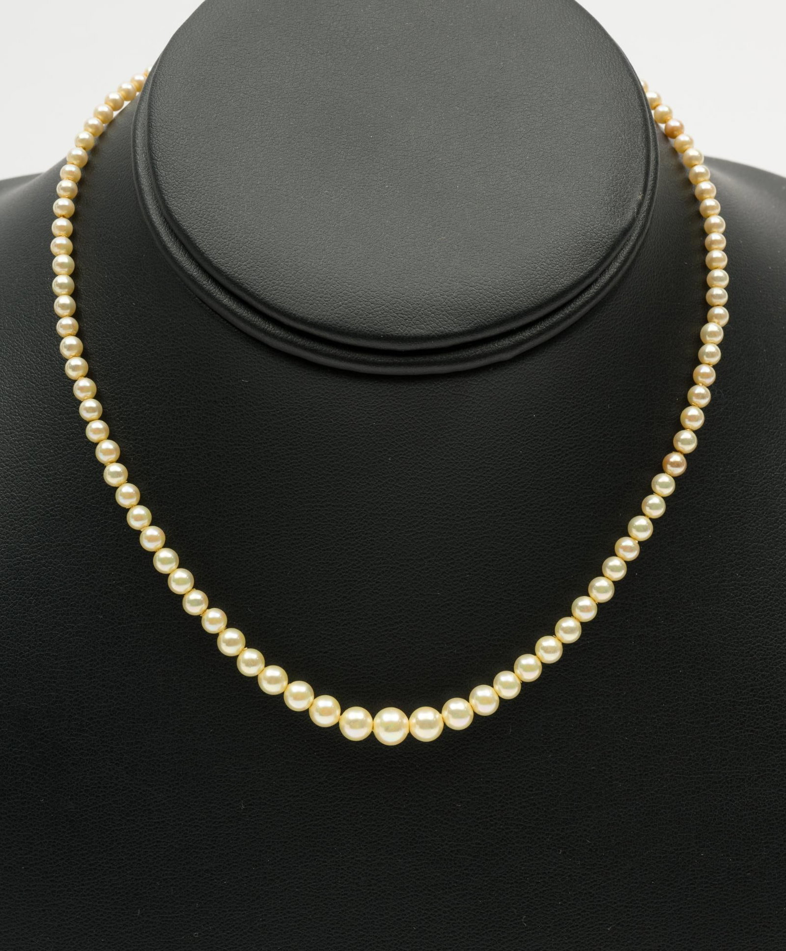Pearl Necklace With 10k Clasp: 13-3/4" long. Pearls 1/8" long. Clasp marked 10k. AJ.
