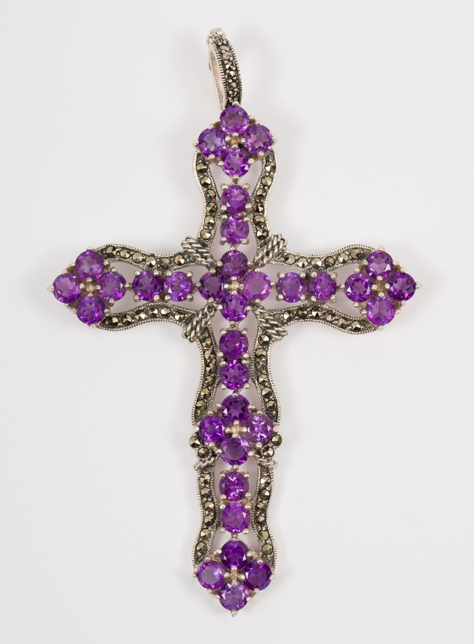 3-3/4" Sterling Amethyst and Marcasite Cross Pendant: Marked 925. Signed DP.