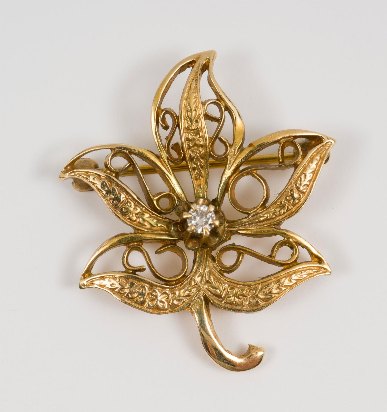 Vintage 14K Gold and Diamond Leaf Brooch (1 of 3)