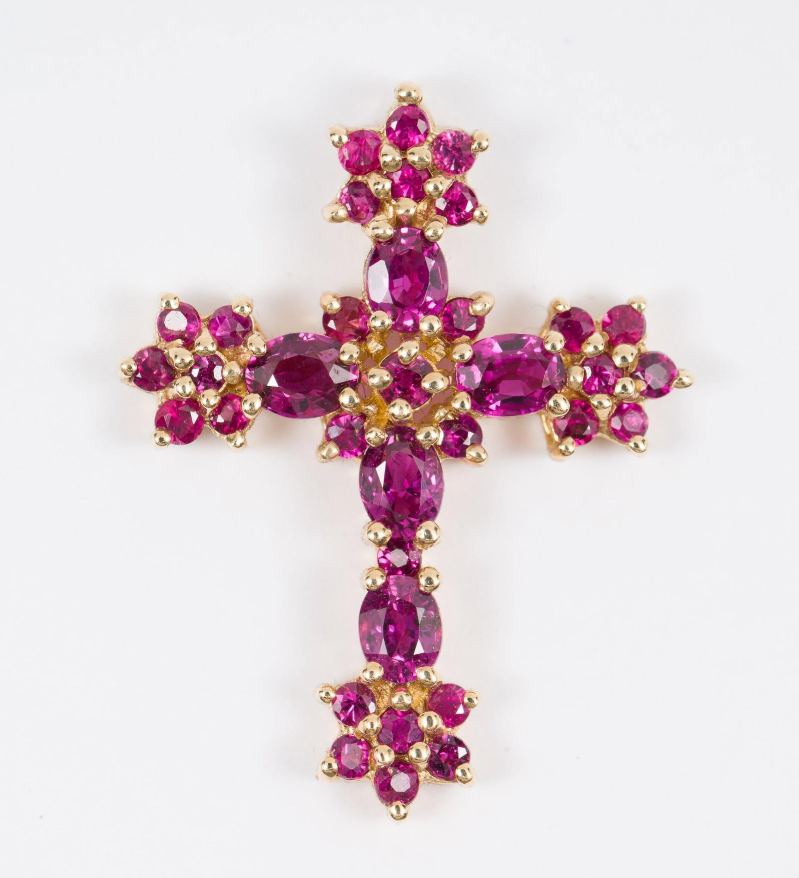 14K Gold Pink Tourmaline Cross Pendant: Marked 14K. 1-1/8" long 1.7 dwt/2.6 g. MH.