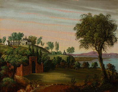 William Matthew Prior (1806-1873, American) George Washington's Tomb at Mt. Vernon, Morning: DESCRIPTION: George Washington's tomb at Mt. Vernon in the morning. Oil on canvas, lined. One of at least 13 similar paintings made of this scene by William Prior, some from differing angles and at di