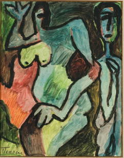 Jens Jensen (1895-1978 Denmark/America) Abstract Painting: DESCRIPTION: Abstract nudes. Oil on paperboard. Jensen moved to the U.S. in 1927. He joined the Rookwood Pottery Company and soon became known as the company's modernist. After Rookwood closed in 1948