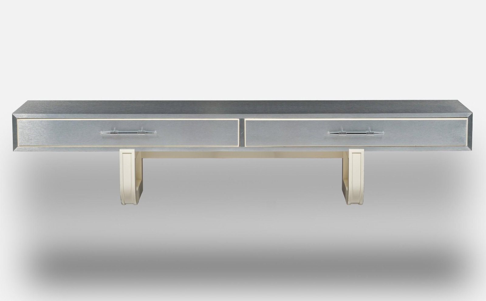 Parzinger Originals Console: DESCRIPTION: Parzinger Originals silver console. Signed Parzinger Originals. PROVENANCE: From the Estate of Lois Lehrman Grass Harrisburg, PA. MEASUREMENTS: 84" wide x 18-1/2" deep x 17-1/2" high. CON