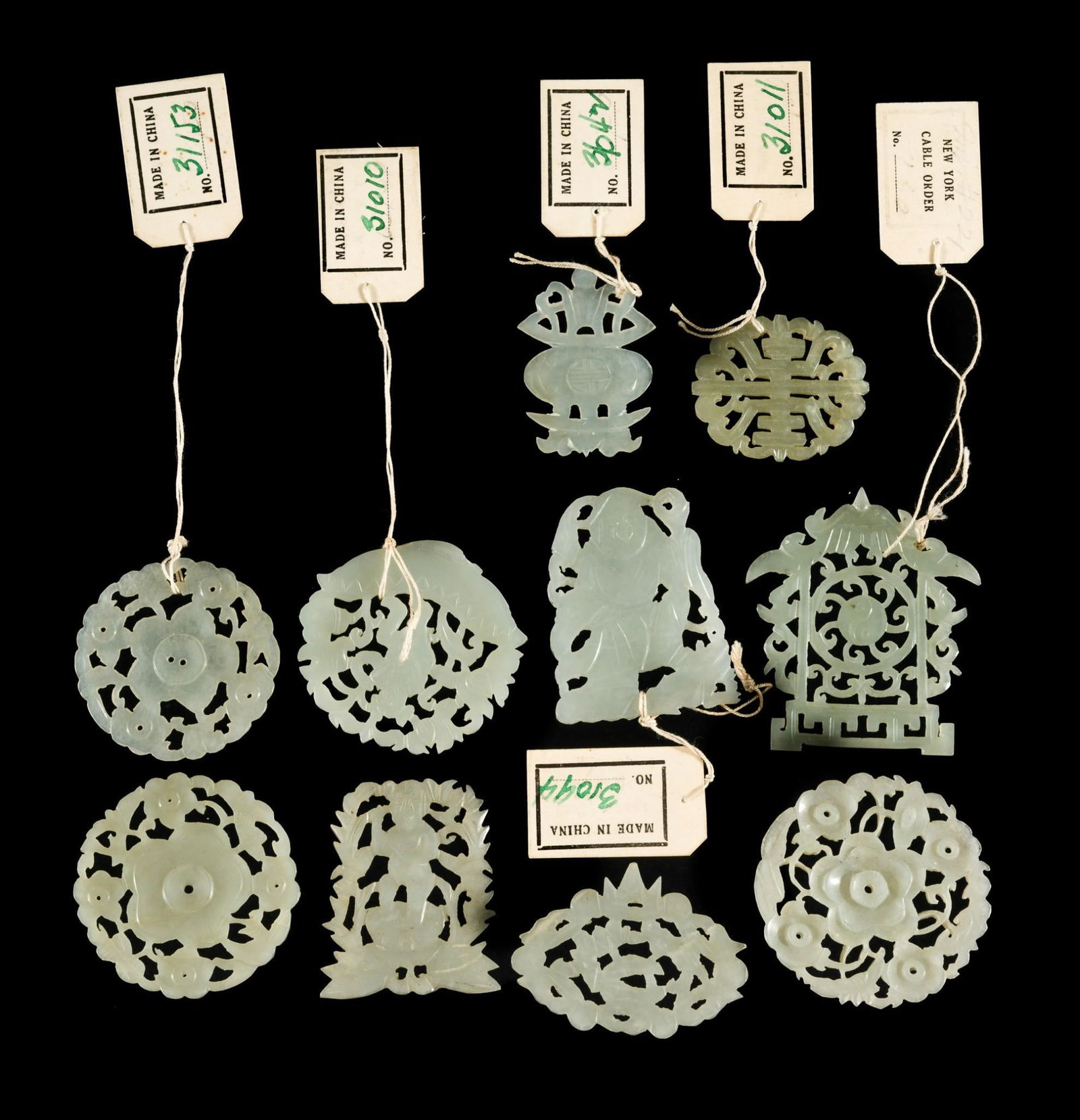 10 Qing Dynasty (1636-1912) Celadon Jade Pendants: DESCRIPTION: 10 celadon jade pendants. Designs include human figures, flowers, Yin Yang, and Chinese lantern. Qing dynasty was a Manchu-led imperial dynasty and the last imperial dynasty of China. PRO