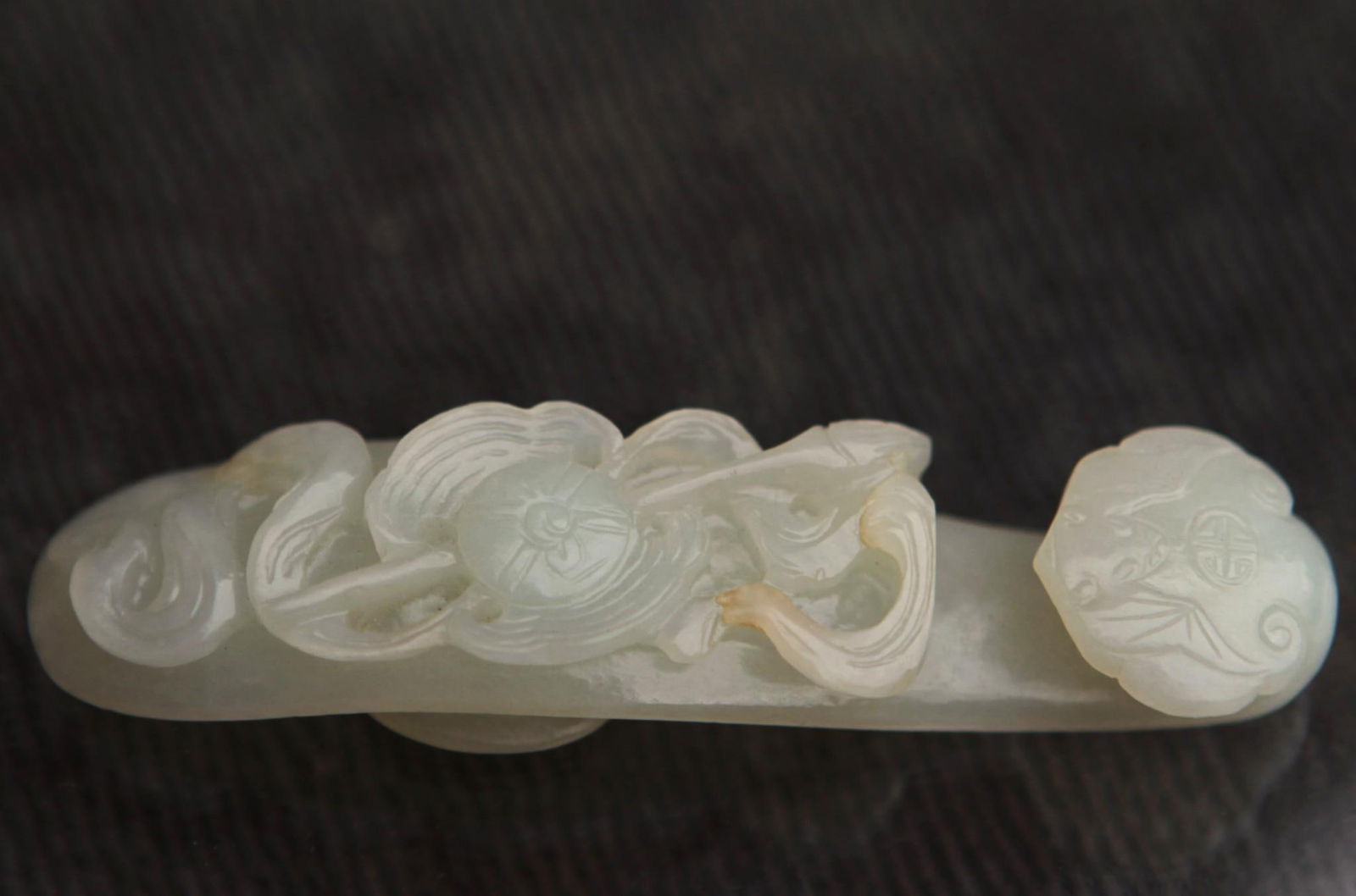 Qing Dynasty Celadon White Jade Belt Hook with Fu Bat, Orchid and Shou Character (1 of 7)