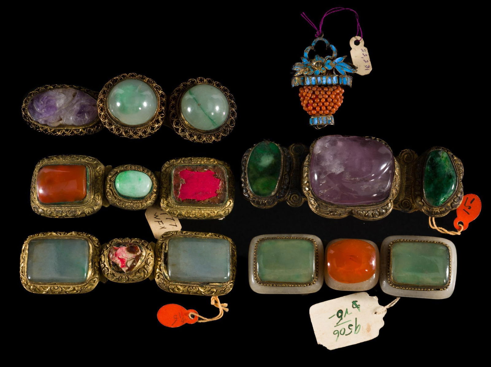 5 Qing Dynasty (1636-1912) Gilt & Bronze Stone Buckles & 1 Pendant (1 of 13)