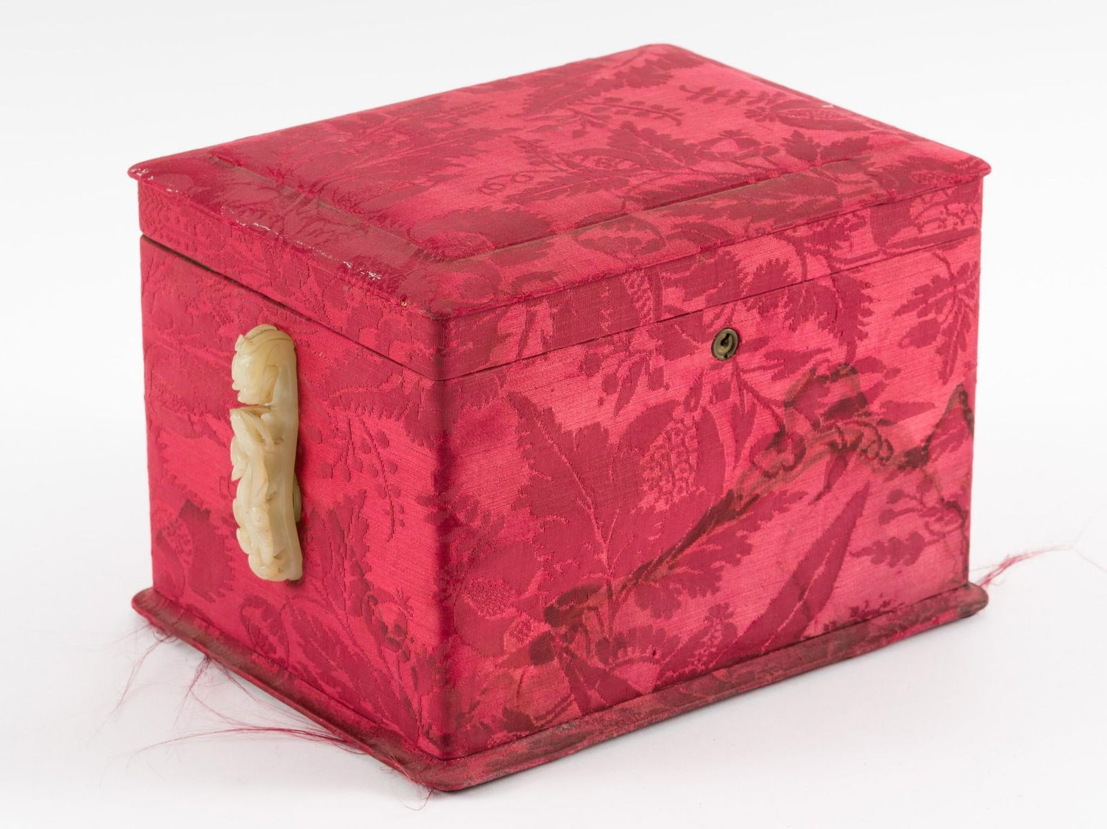 Large Silk Jewelry Box c. 1930 with Two Qing Dynasty Celedon Jade Belt Hooks (1 of 4)
