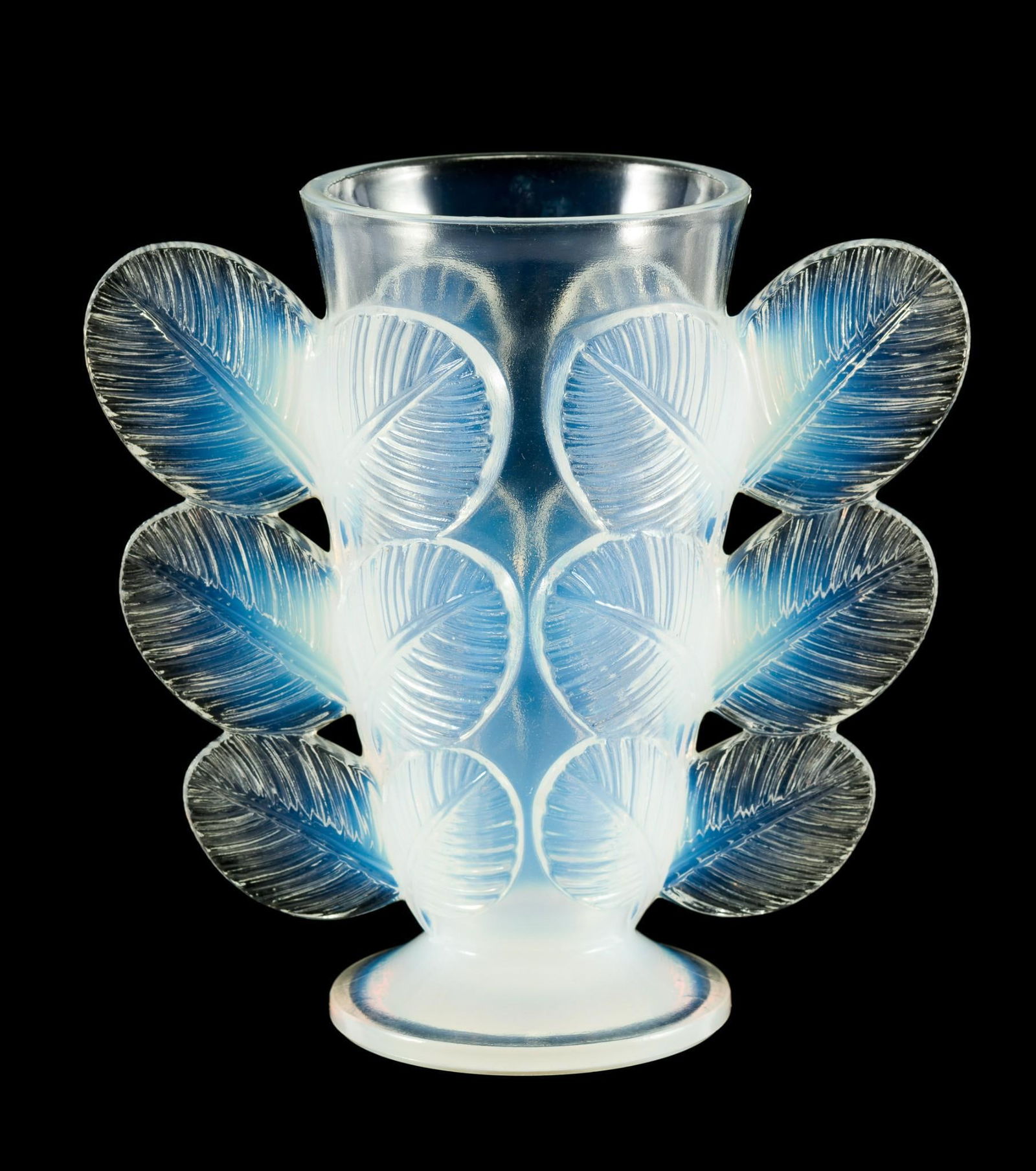 Pierre D'Avesen (France, 1901-1990) Modeled Leaf Vase: DESCRIPTION: Pierre D'Avesn art deco french glass opalescent vase with triple leaf handles. Pierre D'Avesn pseudonym of Pierre Girre (France, 1901-1990). He joined Rene Lalique at age 14 where he lear