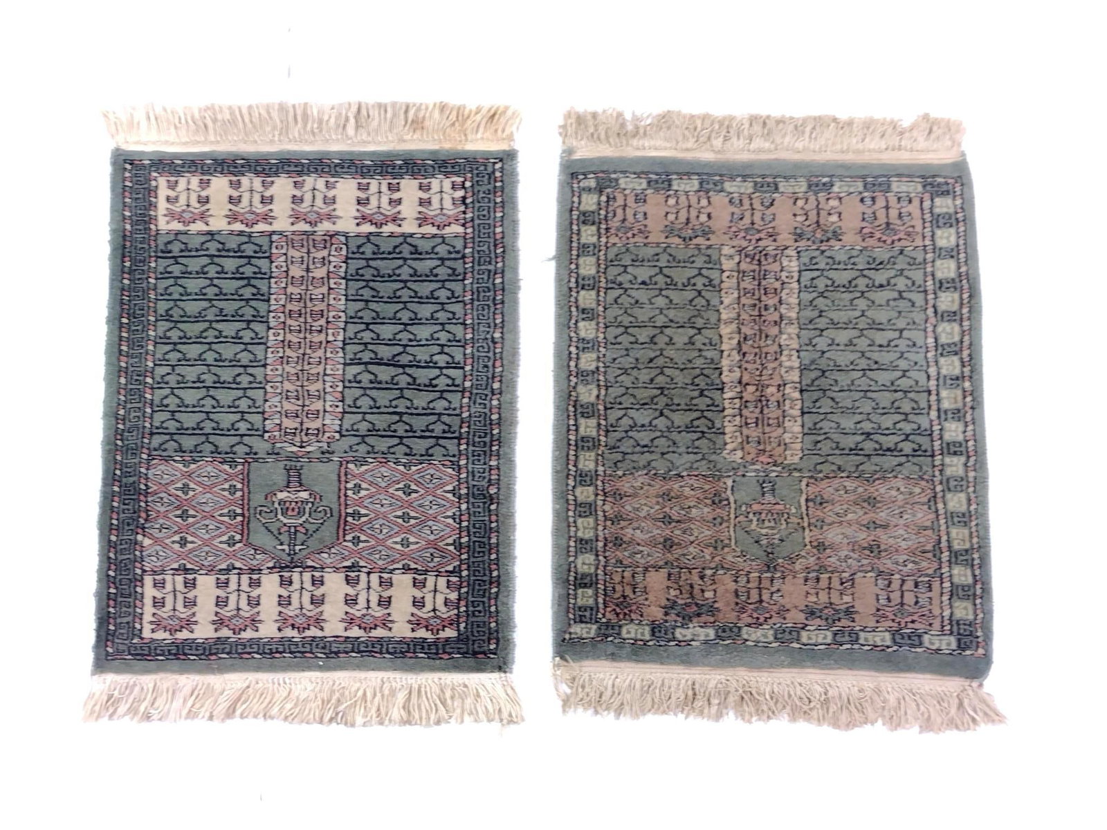 Pair Pakistan Prayer Rugs: Hand woven. Circa 1980s. Prayer designs with cream and green-blue color schemes. Each 2' long X 1'6" wide. MG.