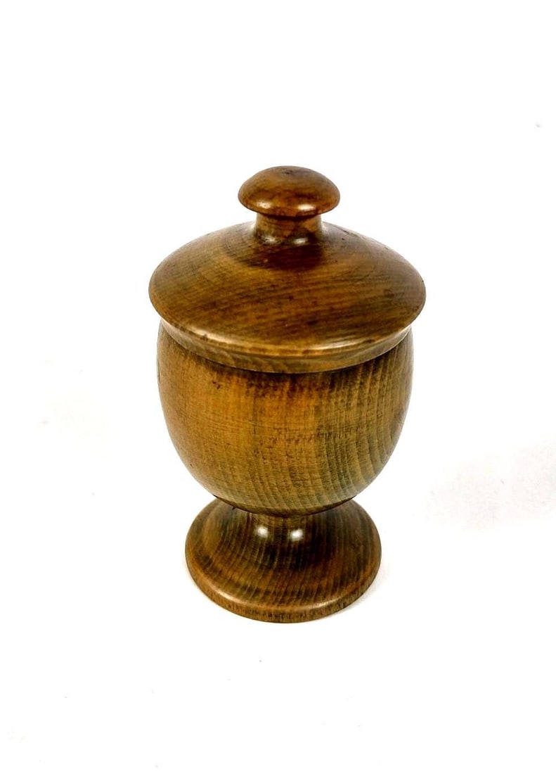 Vintage Treenware Cup with Lid: Unmarked. 2" diameter x 3-1/2" high.