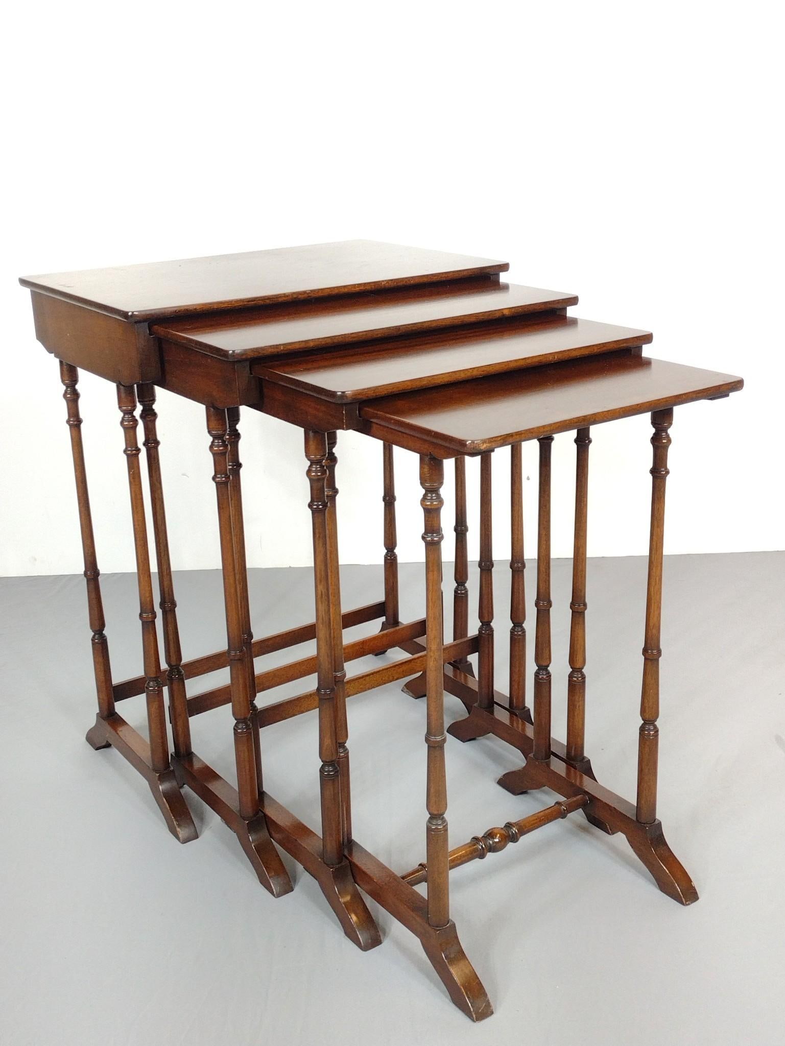 4 Nesting Tables: Large 15" wide X 22-1/2" deep X 28-1/2" high. Small 15" wide X 15" deep X 25-1/2" high. MG.