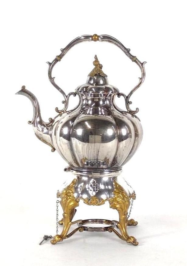 Reed and Barton Silverplate Hot Water Urn: 2 Pieces. 7" wide x 10" deep x 15-1/2" high. Some discoloration. LR / BA