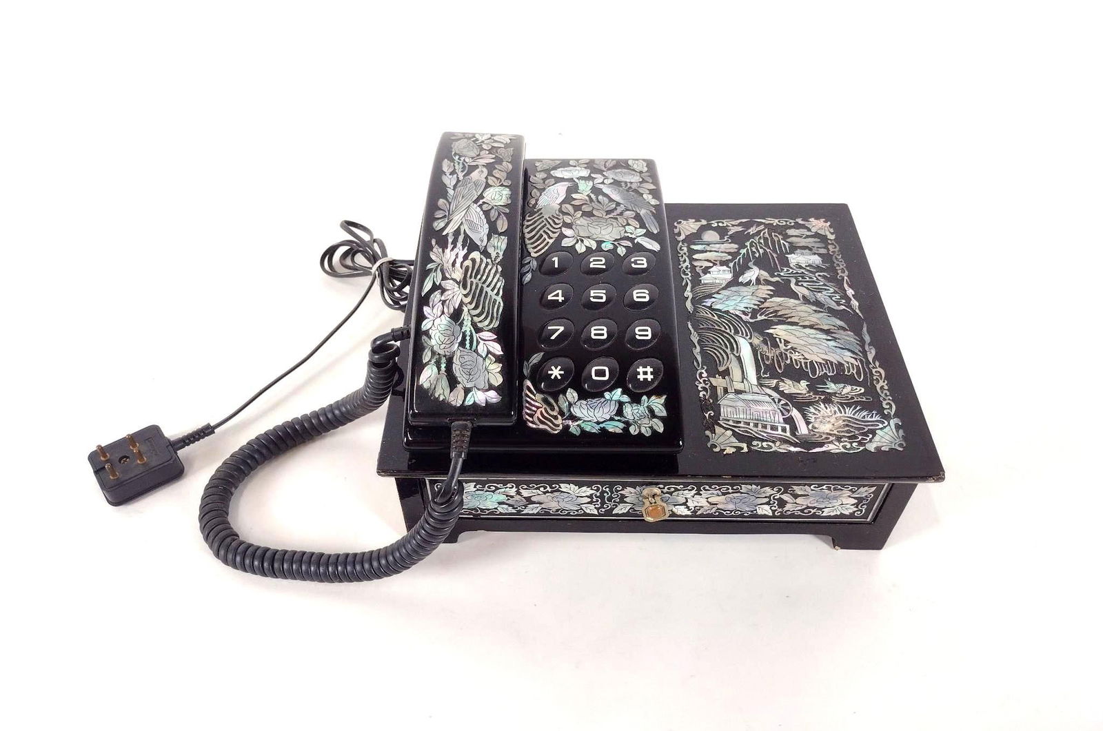 Chinese Lacquered Phone with Abalone: 10" wide x 8-1/2" deep x 5-3/4" high. Some finish losses. LR / BA