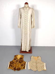 3 Pcs Vintage Clothing Incl Vests: Vests 19" wide X 21-1/2" long. Adonis Dress 15" wide at shoulder X 55" long. MG.