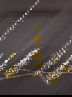 Contemporary Brushed Metal & Amber Glass Chandelier: Working. 24-1/2" diameter X 28" high. MG.
