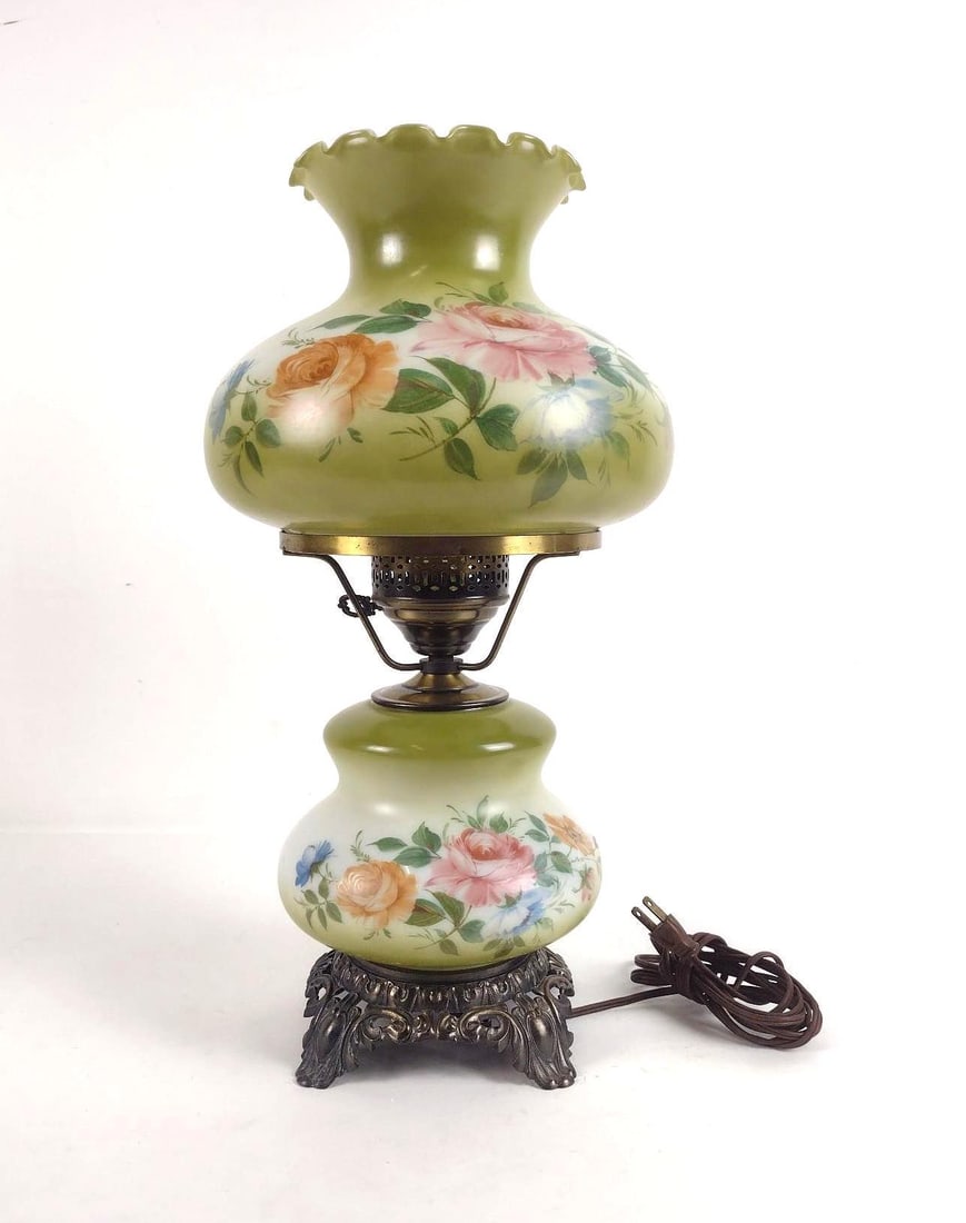 Floral Gone with the Wind Table Lamp: Electrified. Working. 10" diameter x 19-1/2" high. LR / BA