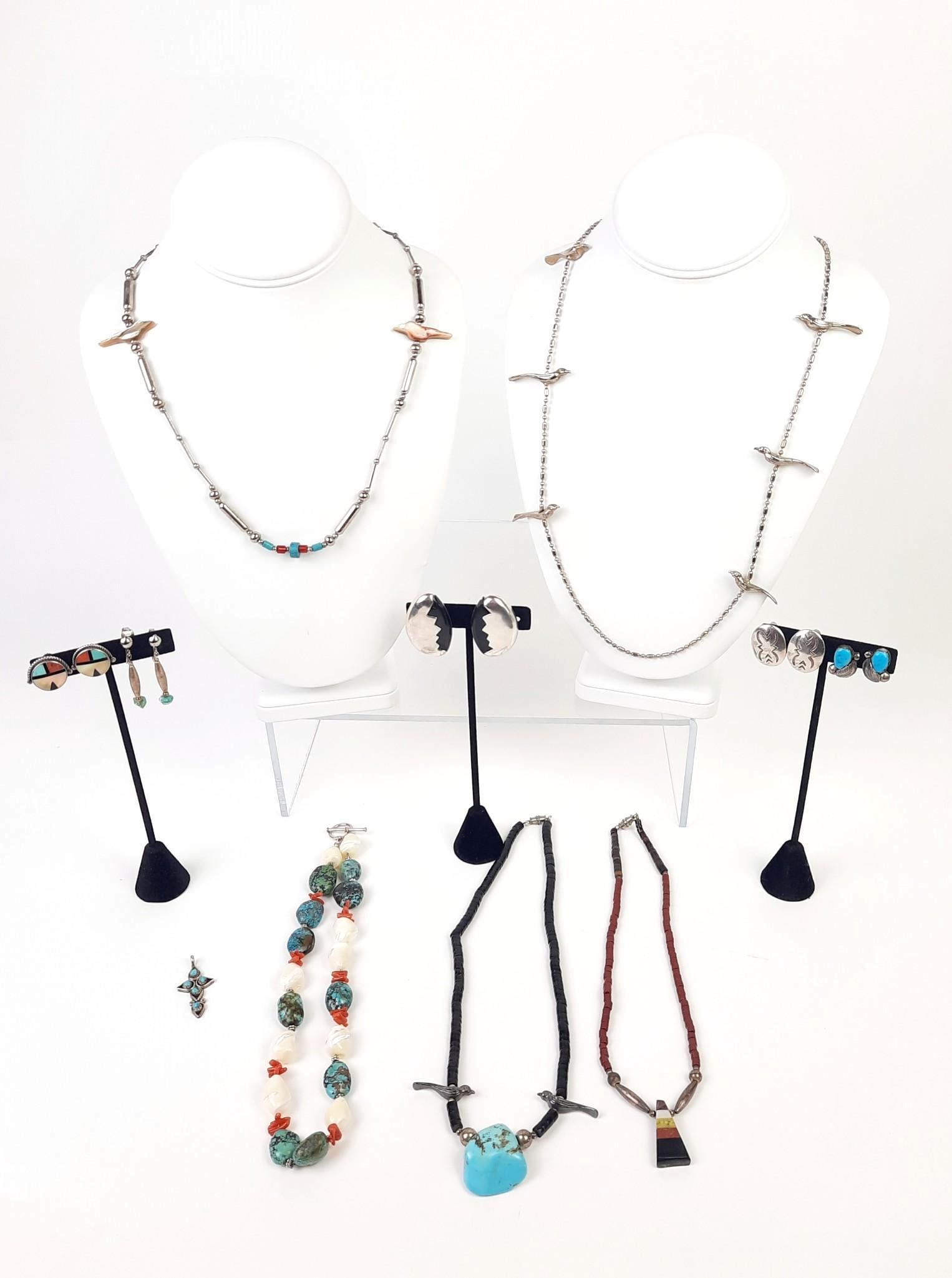 16 Pcs Native American Style Jewelry incl Mexican Silver: Also includes Sandra David, Kenneth Lane, Simplicid, and pair of earrings marked "Mexico 925".