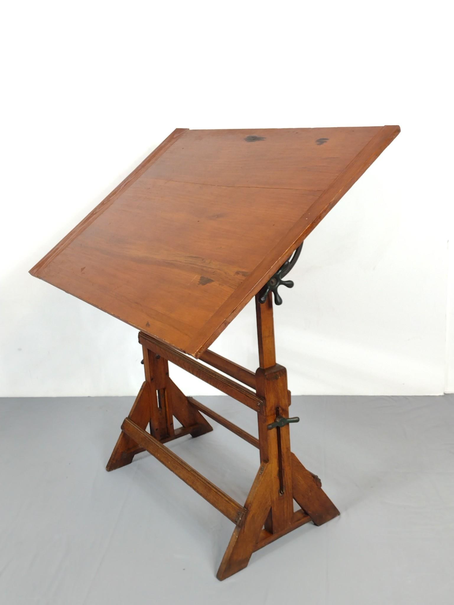 Drafting Table: 43-1/2" wide X 30-1/2" deep X 30" to 40" high. Has some discoloring. MG.