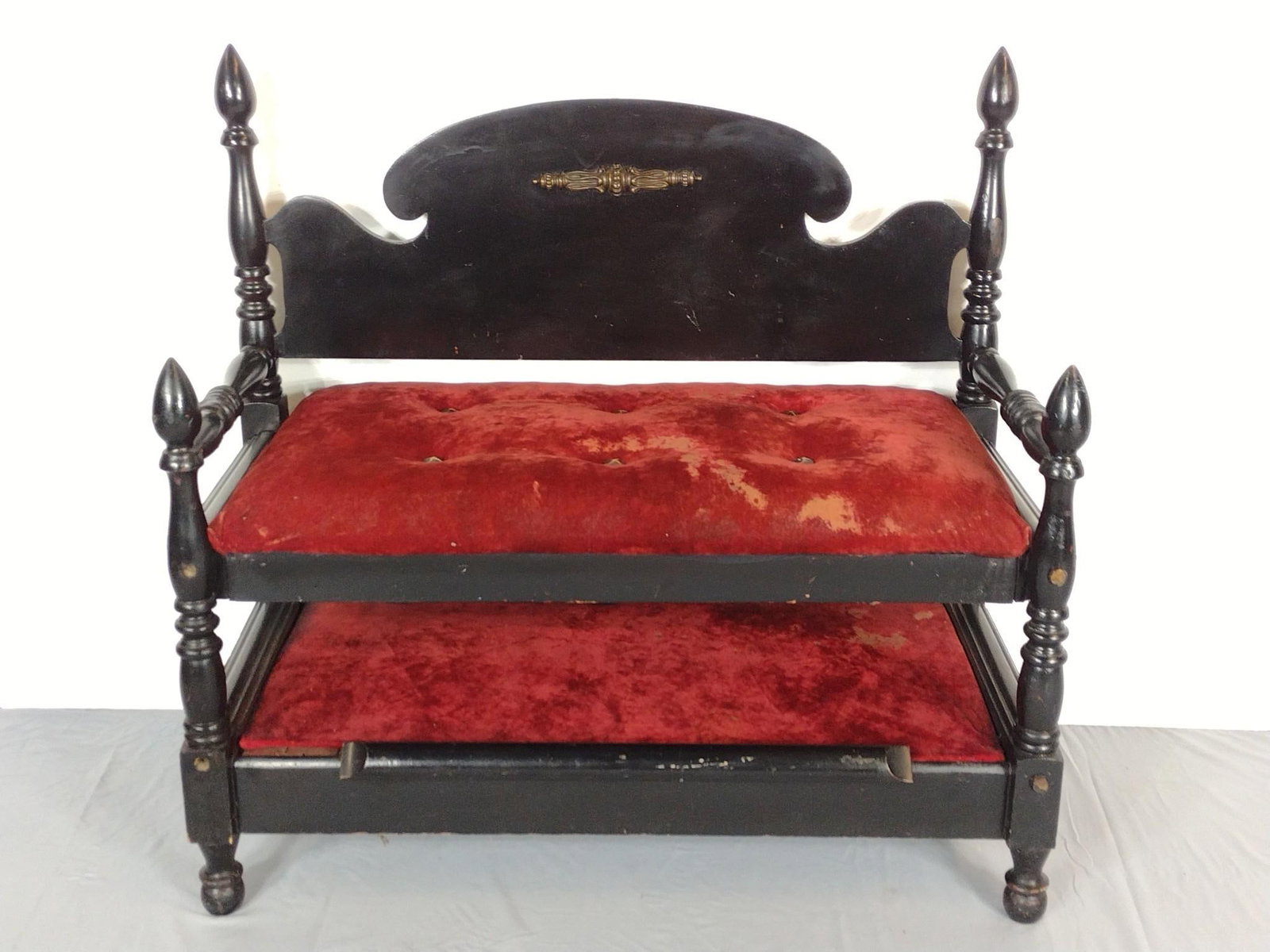 Victorian Bench: 41" wide X 19" deep X 39-1/2" high. Has some scratches. Upholstery has some losses and areas of discoloring. MG.