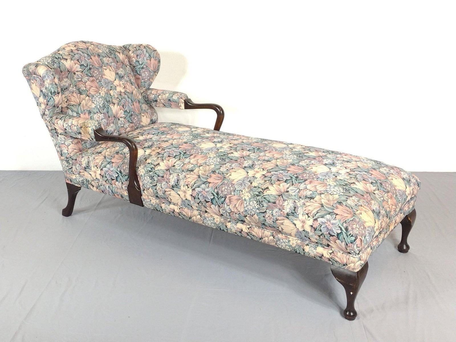 Chaise: 30-1/2" wide X 70" deep X 34-1/2" high. Legs and arm rests have some scratches. No manufactures name found. MG.