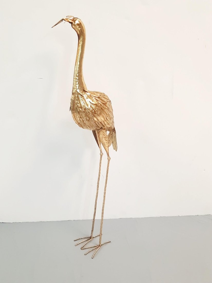 Crane Sculpture: 44" high. Gold toned. Some finish loss. LR