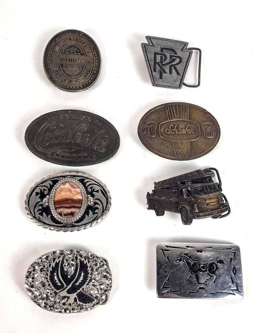 8 Vintage Belt Buckles incl Advertising: Includes Coca-Cola, Heineken, PRR, and more. 2-1/2" to 4" wide. LR / BA