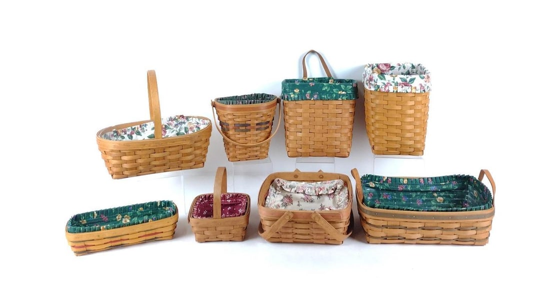 8 Longaberger Baskets with Floral Liners: 3-1/2" to 13" high. LR / BA
