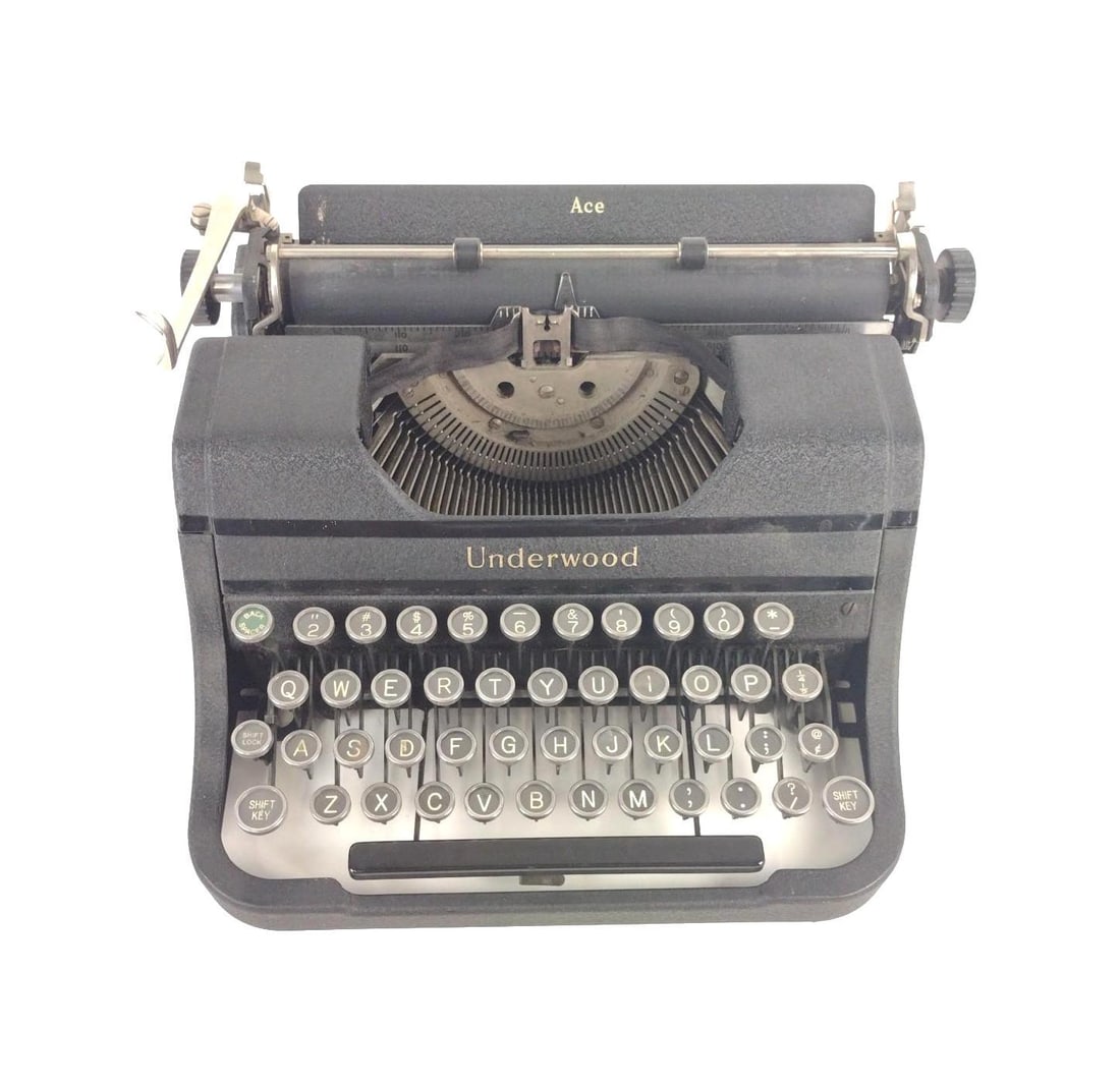 Underwood Ace Typewriter: Case: 13" wide x 13" deep x 6" high. "V" sticks. Some losses to case. LR / BA