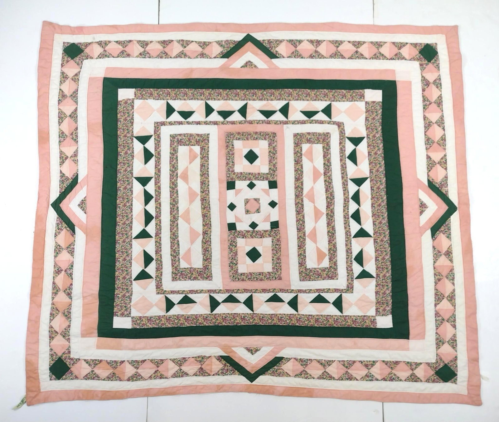 Arch Quilts Coverlet: 7'10" long X 6'9" wide. Has some spots of discoloring. MG.