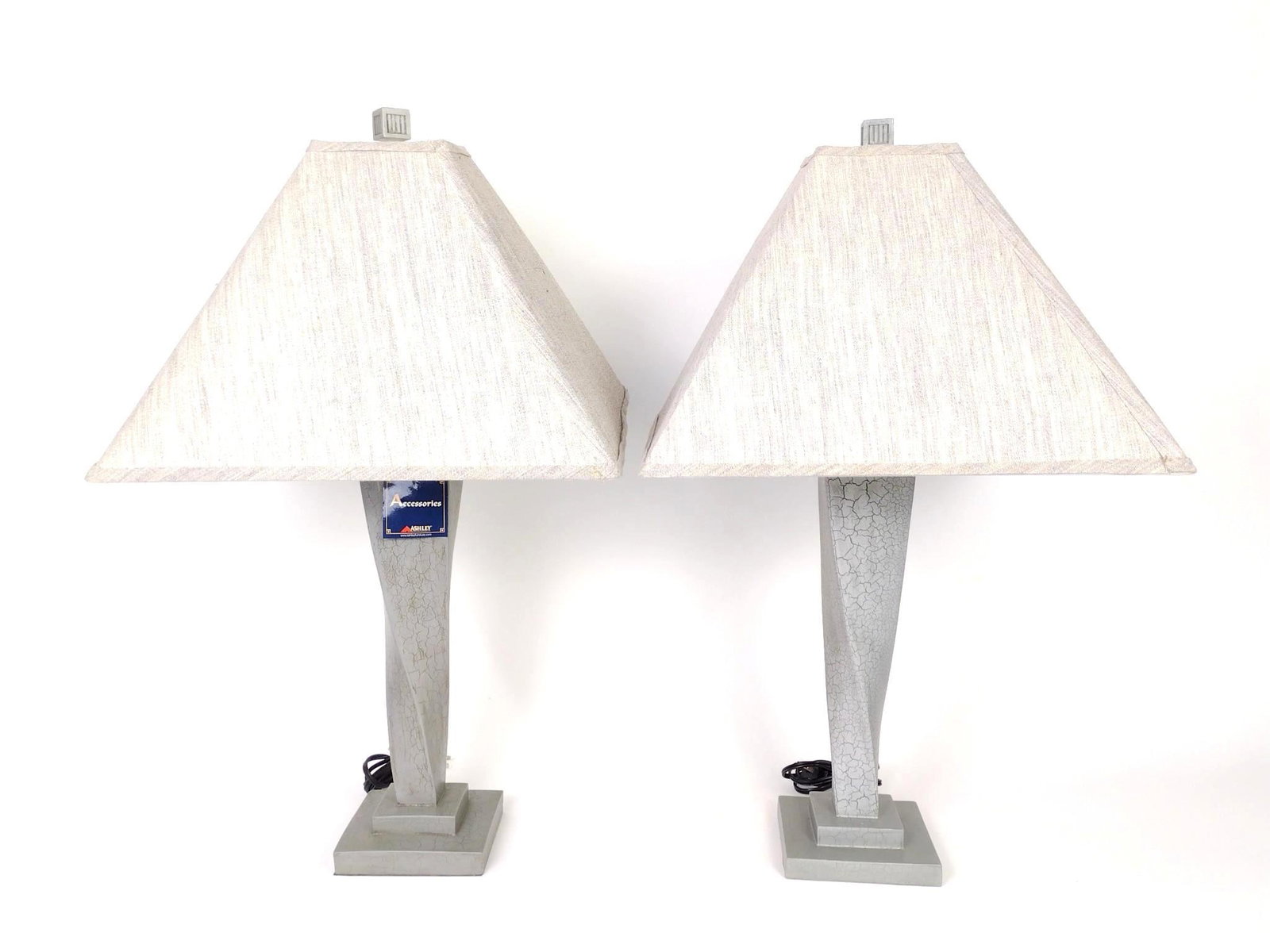 Pr Ashley's Furniture Modernist Table Lamps: Working. Overall with shade 18" wide x 18" deep 31" high. LR / MG