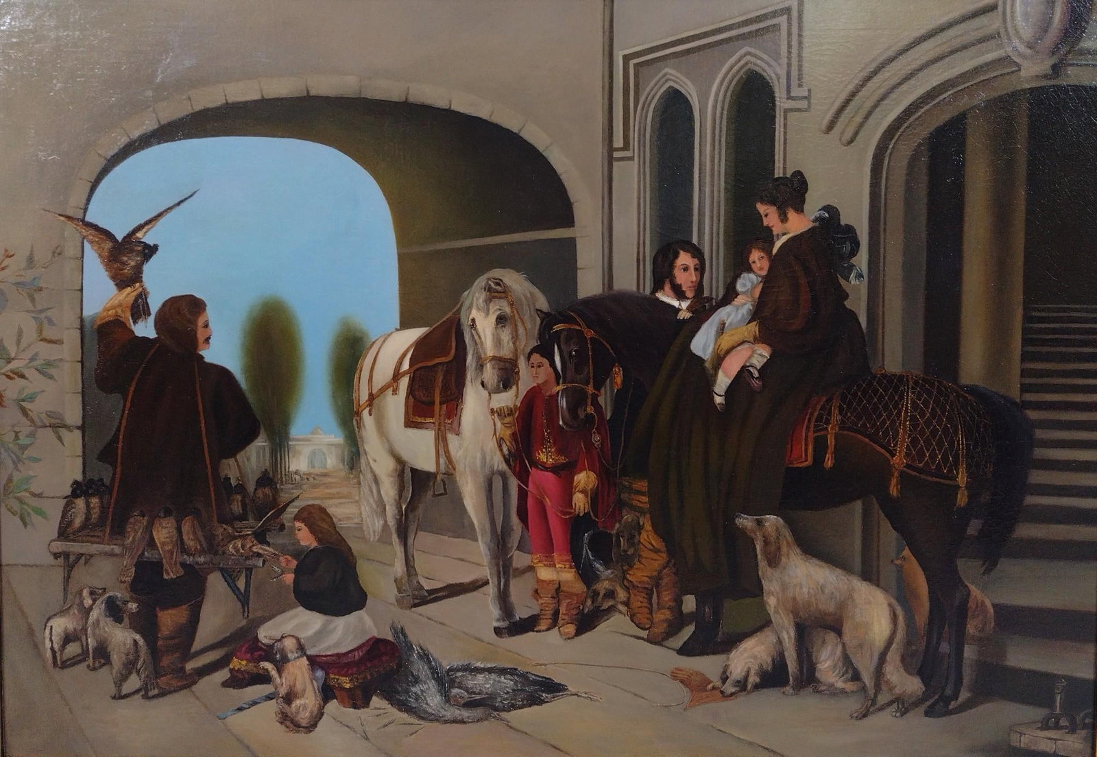 Aft. Sir Edwin Landseer "Queen Victoria Hawking" Painting: Sight picture 30" high x 42" wide. Overall with frame 38" high x 51" wide. MG.