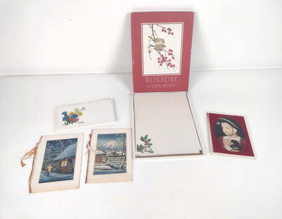 11 Pcs Vintage Stationery incl Woodblock: Includes 2 wood block print Winter scenes, velvet lined, and more. Various sizes.