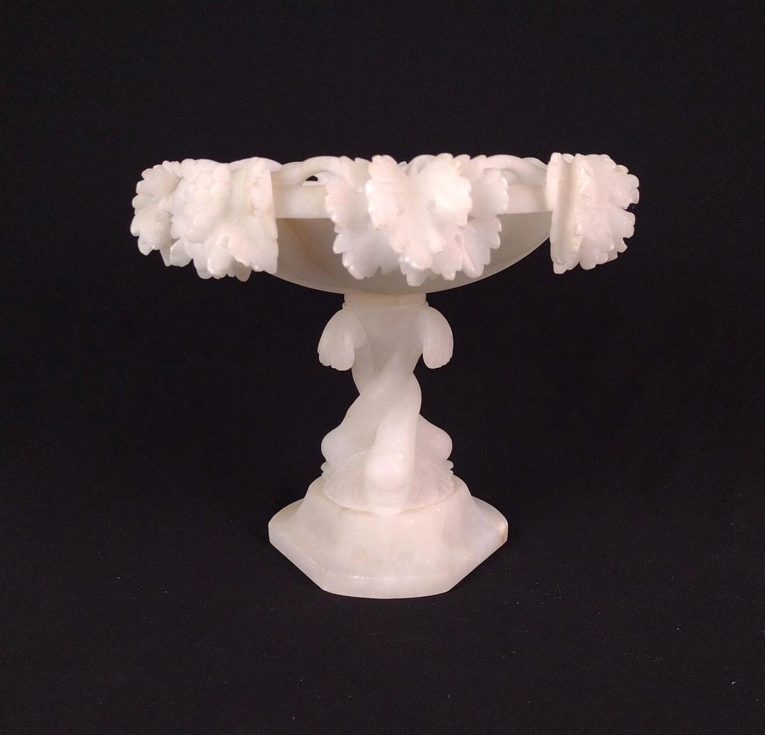 Alabaster Cabbage Leaf Compote: Two pieces. Overall 12-1/2" diameter x 10" high. LR / BA