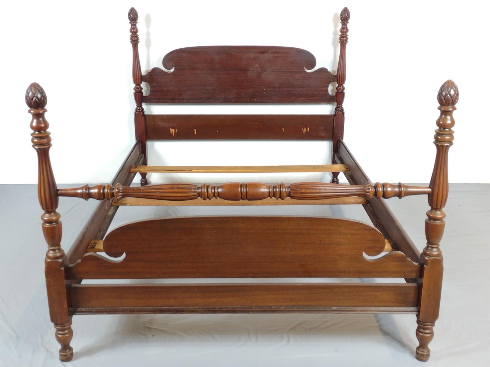Full Size Bed: Has some scratches and areas of finish loss. No manufactures name found. MG.