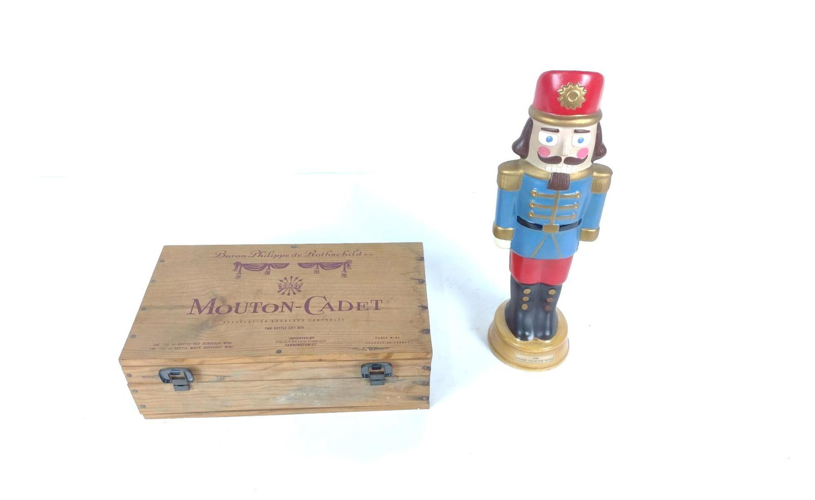3 Bottles Estate Alcohol incl Mouton-Cadet Wine: THIS LOT CANNOT BE SHIPPED. All sealed and unopened. Includes 1987 Bordeaux wine, 1989 Bordeaux Blanc wine, and 1989 Holiday Collectors Series (Nutcracker form) Kentucky Bourbon Whiskey. LR