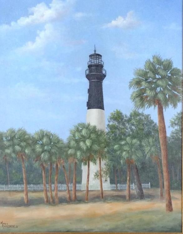 Mary Hartfield Lighthouse Painting: Hartfield was a South Carolina award-winning artist. She worked as Arts and Crafts Director at Warner Robins Air Force Base in Georgia for many years. Sight: 19-1/2" high x 15-1/2" wide. Overall with 