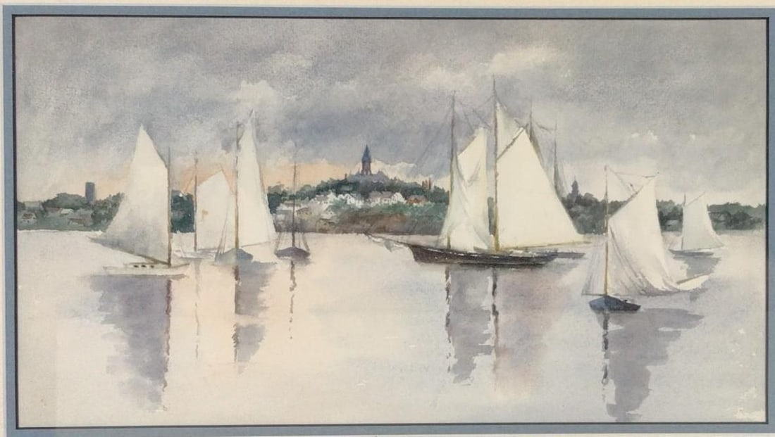 Sailboat Watercolor: Sight: 7-1/2" high x 13-1/2" wide. Overall with frame 13" high x 19" wide. LR / BA