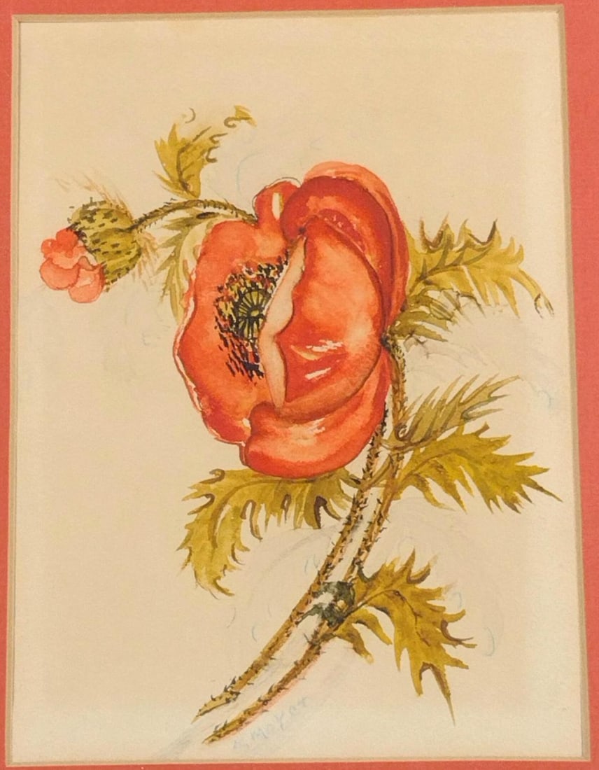 Moyer Floral Watercolor: Signed "Moyer" at bottom center. Sight: 7-1/2" high x 5-1/2" wide. Overall with frame 13-1/4" high x 11-1/4" wide. LR / BA