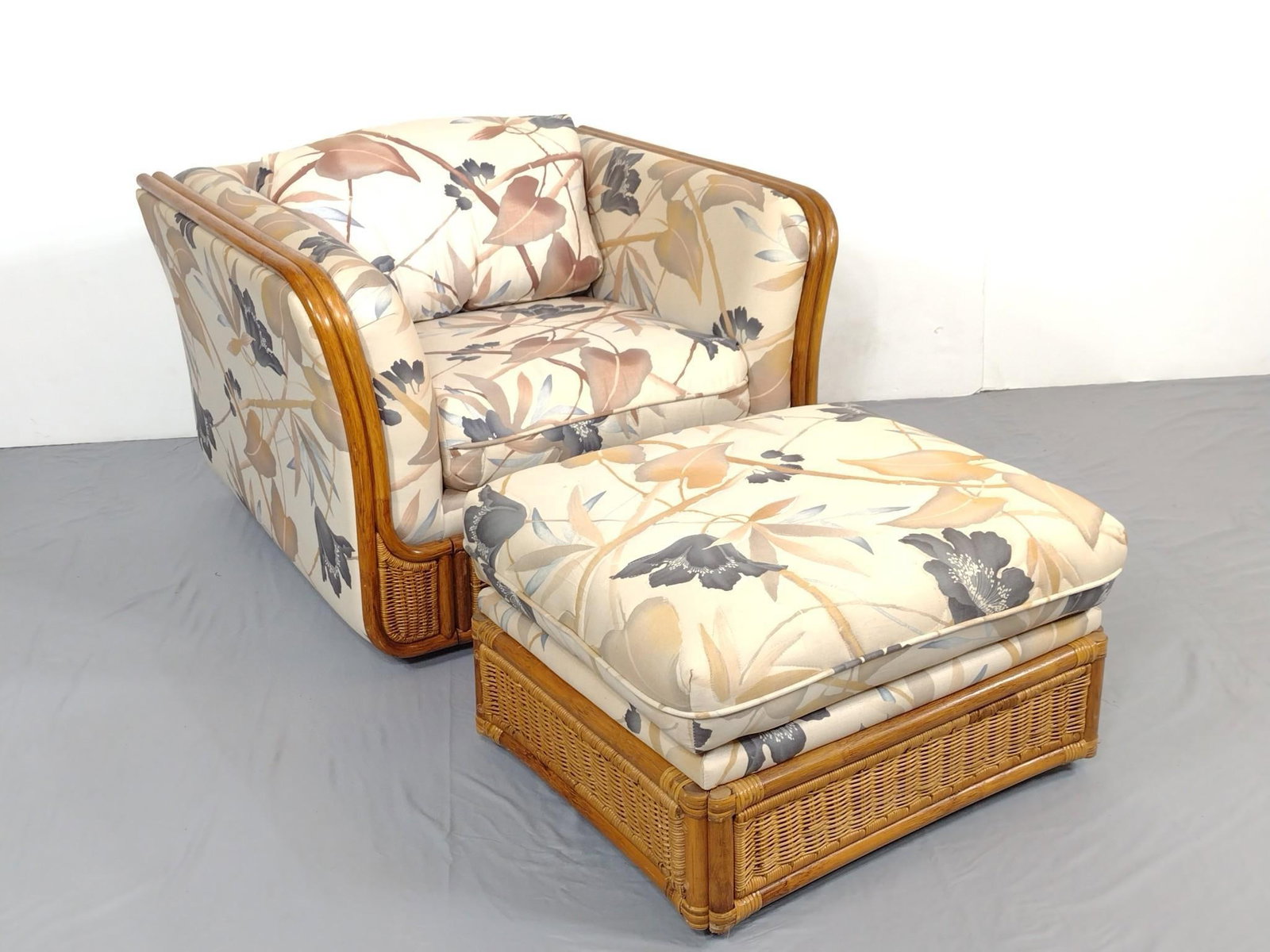 Bassett Chair & Ottoman: Chair 37-1/2" wide X 35" deep X 26" high. Ottoman 28" wide X 23" deep X 16" high. Both have some light areas of discoloring. MG.